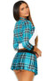 Homeschool Hottie school girl costume includes crop top with attached long sleeves for a faux shrug jacket look, pleated plaid mini skirt and matching mini neck tie. Three piece set.