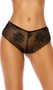 Floral lace boyshort panty with scalloped trim, strappy cheeky cut back, rhinestone accents and mini satin bow.