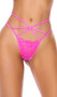 Floral lace G-String panty with strappy open front, O ring details and double strap back.