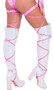 Metallic swirl leg straps with attached thigh garter. 100" long straps, wrap around your leg and tie. Two per package.