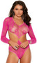 Sheer lace long sleeve teddy with cut out design, O ring accent, V neckline and closed crotch. O Ring does not detach.