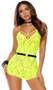 Sleeveless lace romper features deep V neckline with criss cross straps, spaghetti shoulder straps and open strappy back.