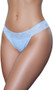 Low rise breathable jersey thong panty with scalloped lace waist and lined crotch. This listing is for a pack of three panties. You will receive one of each: light blue, light pink, and burgundy red.