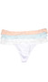 Low rise breathable jersey thong panty with scalloped lace waist and lined crotch. This listing is for a pack of three panties. You will receive one of each: white, peach and mint blue.