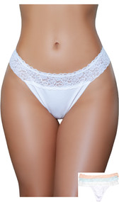 Low rise breathable jersey thong panty with scalloped lace waist and lined crotch. This listing is for a pack of three panties. You will receive one of each: white, peach and mint blue.