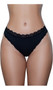 Low rise breathable jersey thong panty with scalloped lace trim and lined crotch. This listing is for a pack of three panties. You will receive one of each: black, white and nude.