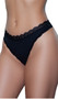 Low rise breathable jersey thong panty with scalloped lace trim and lined crotch. This listing is for a pack of three panties. You will receive one of each: black, white and nude.