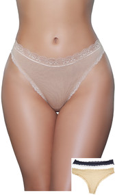 Low rise breathable jersey thong panty with scalloped lace trim and lined crotch. This listing is for a pack of three panties. You will receive one of each: black, white and nude.