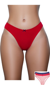Low rise jersey brief panty with elastic waist, picot trim, mini bow accent, and lined crotch. This listing is for a pack of three panties. You will receive one of each: blue, red, and white/red striped.