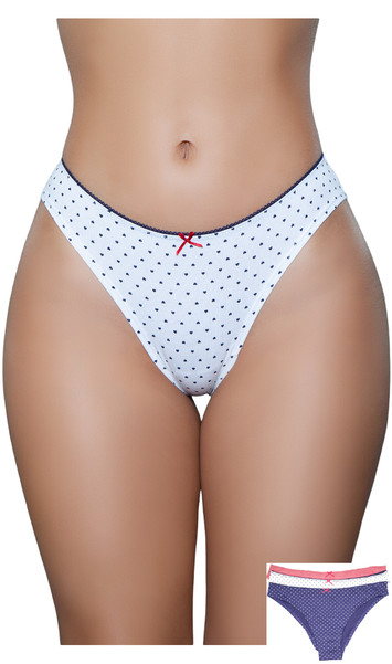 Low rise jersey brief panty with elastic waist, picot trim, mini bow accent, and lined crotch. This listing is for a pack of three panties. You will receive one of each: white with heart print, blue with heart print, and red/white striped.