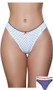 Low rise jersey brief panty with elastic waist, picot trim, mini bow accent, and lined crotch. This listing is for a pack of three panties. You will receive one of each: white with heart print, blue with heart print, and red/white striped.