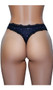 Low rise jersey thong panty with scalloped lace trim, mini bow accent, and lined crotch. This listing is for a pack of three panties. You will receive one of each: black with star print, white, and gray.