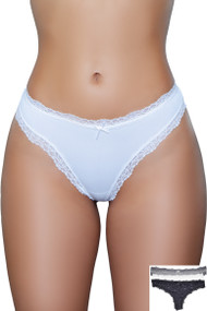 Low rise jersey thong panty with scalloped lace trim, mini bow accent, and lined crotch. This listing is for a pack of three panties. You will receive one of each: black with star print, white, and gray.