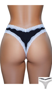 Low rise thong panty with scalloped white lace trim and lined crotch. This listing is for a pack of three panties. You will receive one of each: black, white, and gray.