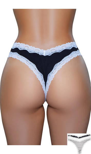 Low rise thong panty with scalloped white lace trim and lined crotch. This listing is for a pack of three panties. You will receive one of each: black, white, and gray.
