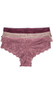 Low rise tanga panty with sheer lace design, inside mesh lining on front half, elastic waist, scalloped hem and lined crotch. This listing is for a pack of three panties. You will receive one of each: burgundy red, mocha brown and dusty rose pink.