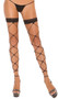 Footless net thigh high stockings with lace trim.
