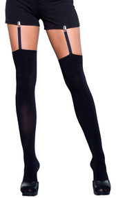 Opaque thigh high stockings with attached garter clips.