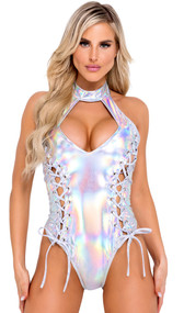 Holographic sleeveless romper features lace up front detailing, keyhole cut out, halter style collar neckline, and back zipper closure.