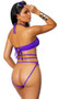 Strappy bikini top with bandeau style cups, o ring accent, halter neck and tie back. Matching high waisted bottom with open back also included. Two piece set.