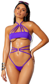 Strappy bikini top with bandeau style cups, o ring accent, halter neck and tie back. Matching high waisted bottom with open back also included. Two piece set.