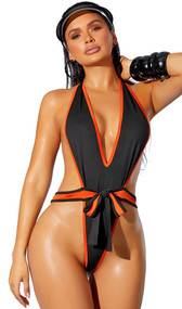 Contrast monokini with plunging deep V neckline, bow front, halter neck, high cut on the leg and thong cut back. One piece.