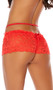 Floral lace boyshort panty with scalloped trim, strappy high rise detail, mini satin bow accents and open crotch.
