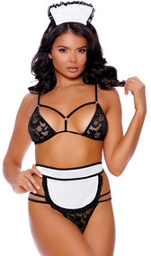 Flirty Maid costume features floral net bra top with adjustable triangle cups, strappy detail with mini o ring accents, adjustable shoulder straps, and tie back closure with matching double strap G-string. Head piece and matching apron with lace ruffle trim, double straps and back tie closure also included. Four piece set.