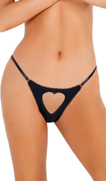 G-string panty with heart cut out front, mini gold o ring accents, picot trim and elastic back.