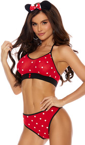 Mischievous Mouse costume includes polka dot cami top with decorative button detail, contrast trim and halter neck. Matching panty with ruched back with cheeky back also included. Mouse ears head piece with bow and matching knee highs complete the set. Four piece set.