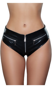 Low rise mini faux leather shorts feature a front zipper design, zipper closure, and cheeky cut back.