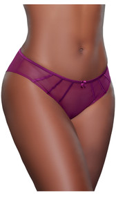 Low rise mesh bikini panty with strappy front detail, mini satin bow and lined crotch.