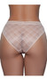 Mid rise mesh bikini panty with monochromatic plaid pattern, lined crotch, and wide striped waistband.
