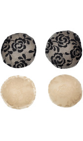 Self adhesive silicone circle shaped nipple covers with lace overlay. Pair. Boxed item.