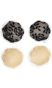Self adhesive silicone flower shaped nipple covers with lace overlay. Pair.