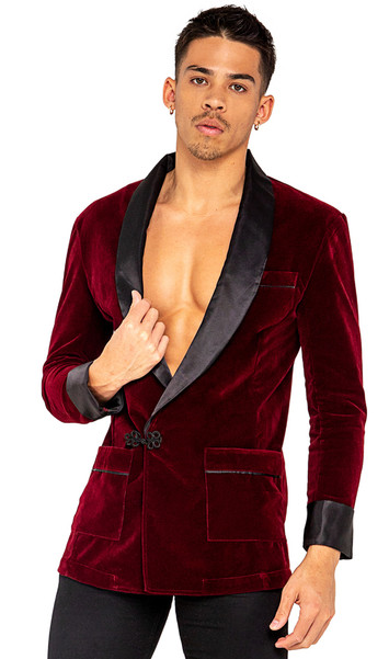 Men's velvet jacket with Playboy Bunny embroidered logo on the back, black satin cuffs and collar, front pockets, breast pocket, shoulder pads and front closure.