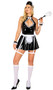 Housekeeping Honey maid costume includes sleeveless vinyl mini dress with halter style neck, front keyhole with contrast lace trim, mini bow tie and back zipper closure. Apron with lace trim, back tie closure and attached garter straps with hook and loop closure also included. Matching wrist cuffs, head piece and feather duster also included. Five piece set.