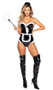 Kinky Maid costume includes sleeveless vinyl bodysuit romper with underwire cups, contrast ruffle trim, and back zipper closure. Matching apron with back tie closure head piece and feather duster also included. Four piece set.