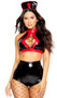 Kinky Nurse costume includes sleeveless vinyl crop top with lace up detail over front cut out, halter neck and and back closure. Matching high waisted shorts and head piece with medic cross also included. Three piece set.