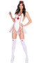 Naughty Nurse costume includes sleeveless vinyl romper with spaghetti straps, low cut back and high cut on the leg. Clear vinyl dress with wide shoulder straps, red medic cross and back hook and loop closure also included. Matching clear head piece and stethoscope also included. Four piece set.