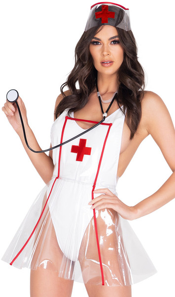 Naughty Nurse costume includes sleeveless vinyl romper with spaghetti straps, low cut back and high cut on the leg. Clear vinyl dress with wide shoulder straps, red medic cross and back hook and loop closure also included. Matching clear head piece and stethoscope also included. Four piece set.
