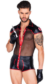 Pandemic Hunk costume includes short sleeve wet look jumpsuit with collar, sheer midsection, medic cross patch on shoulder, contrast red trim, and front snap closure. One piece set.