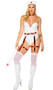 Naughty Nurse costume includes sleeveless and strapless vinyl bodysuit with contrasting red trim and back zipper closure. Metallic garter belt with O ring accents, detachable garters and back hook and loop closure also included. Matching choker and retro style head piece also included. Four piece set.