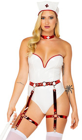 Naughty Nurse costume includes sleeveless and strapless vinyl bodysuit with contrasting red trim and back zipper closure. Metallic garter belt with O ring accents, detachable garters and back hook and loop closure also included. Matching choker and retro style head piece also included. Four piece set.