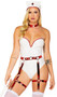 Naughty Nurse costume includes sleeveless and strapless vinyl bodysuit with contrasting red trim and back zipper closure. Metallic garter belt with O ring accents, detachable garters and back hook and loop closure also included. Matching choker and retro style head piece also included. Four piece set.