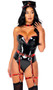 Nightshift Nurse costume includes sleeveless and strapless vinyl bodysuit with contrasting red trim and back zipper closure. Metallic garter belt with O ring accents, detachable garters and back hook and loop closure also included. Matching choker and retro style head piece also included. Four piece set.