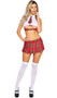 Naughty School Girl costume includes sleeveless crop top with collar, built in plaid tie, and underboob cut out with plaid trim. Pleated plaid mini skirt also included. Two piece set.