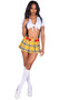 Glitzy School Girl costume includes short sleeve crop top with collar, puff sleeves and tie front closure. Pleated plaid mini skirt with bows and vinyl suspenders also included. Three piece set.