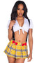 Glitzy School Girl costume includes short sleeve crop top with collar, puff sleeves and tie front closure. Pleated plaid mini skirt with bows and vinyl suspenders also included. Three piece set.