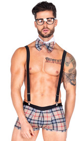 Hunky School Nerd costume includes plaid shorts with contrast elastic waistband, adjustable suspenders and collar with bow tie. Three piece set.